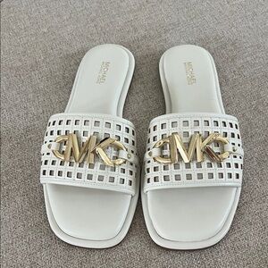 Michael Kors White and Gold Slide Sandals